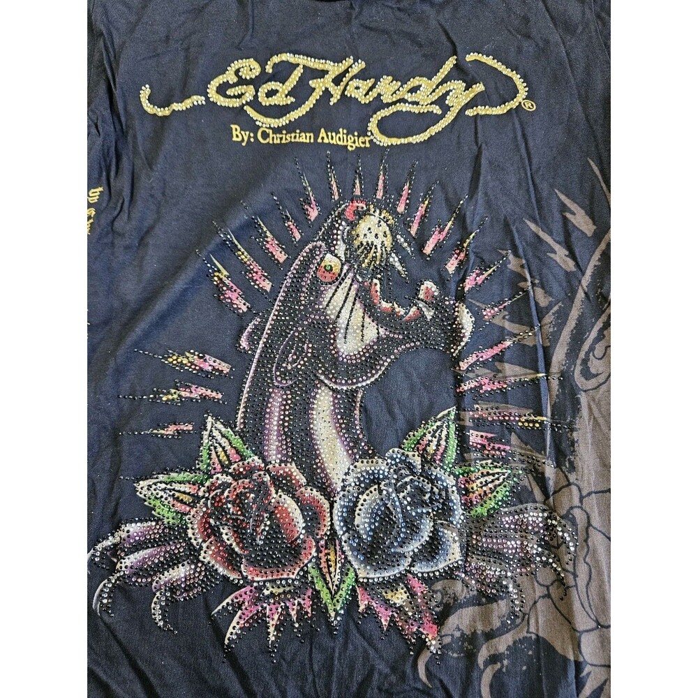 Vtg Y2K Ed Hardy Black Panther Roses Rhinestones Long Sleeve Top Size S - Picture 10 of 12